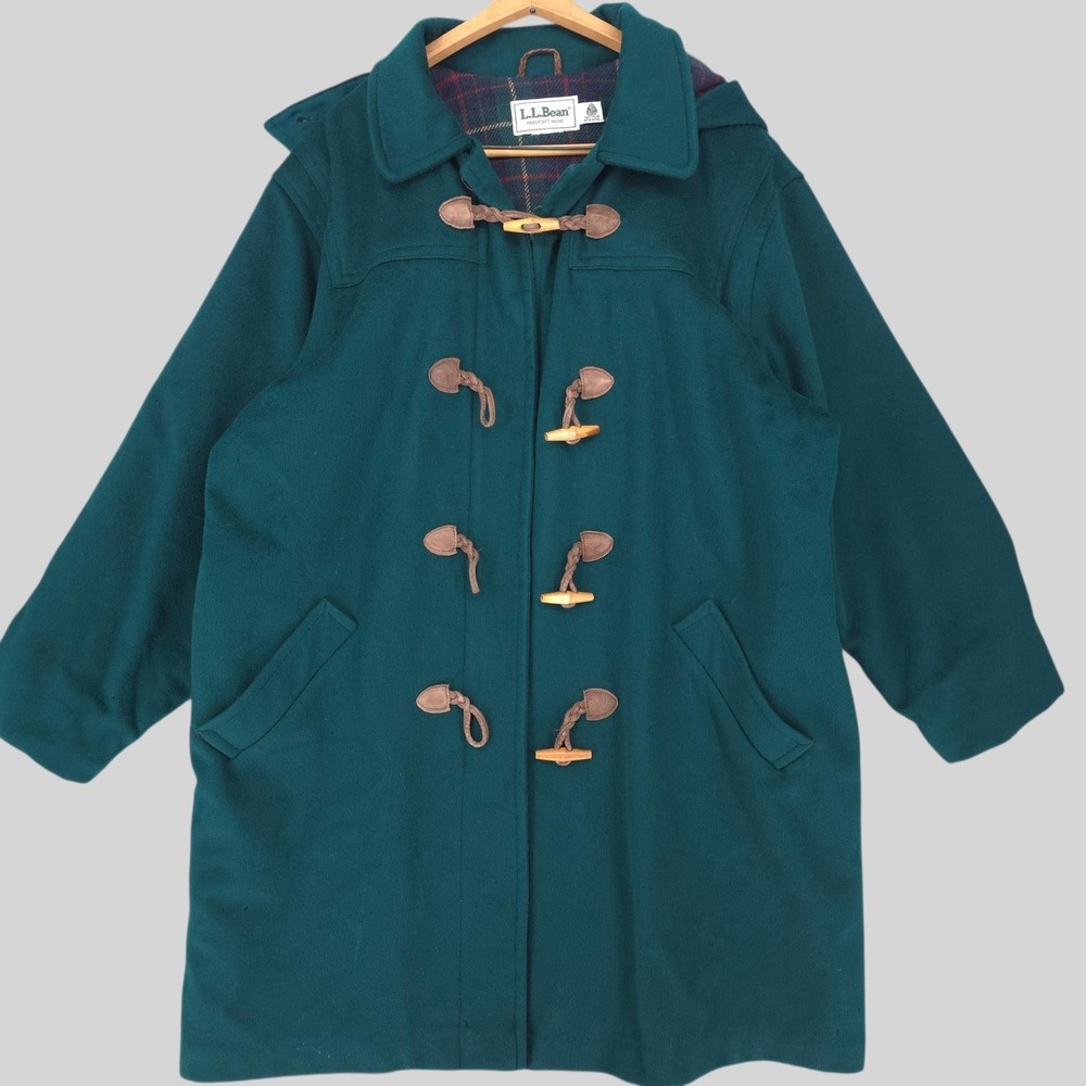 Vtg L.L.Bean Coat Women 2XL Green Hooded Wool Toggle Quilted Lined Parka Outdoor